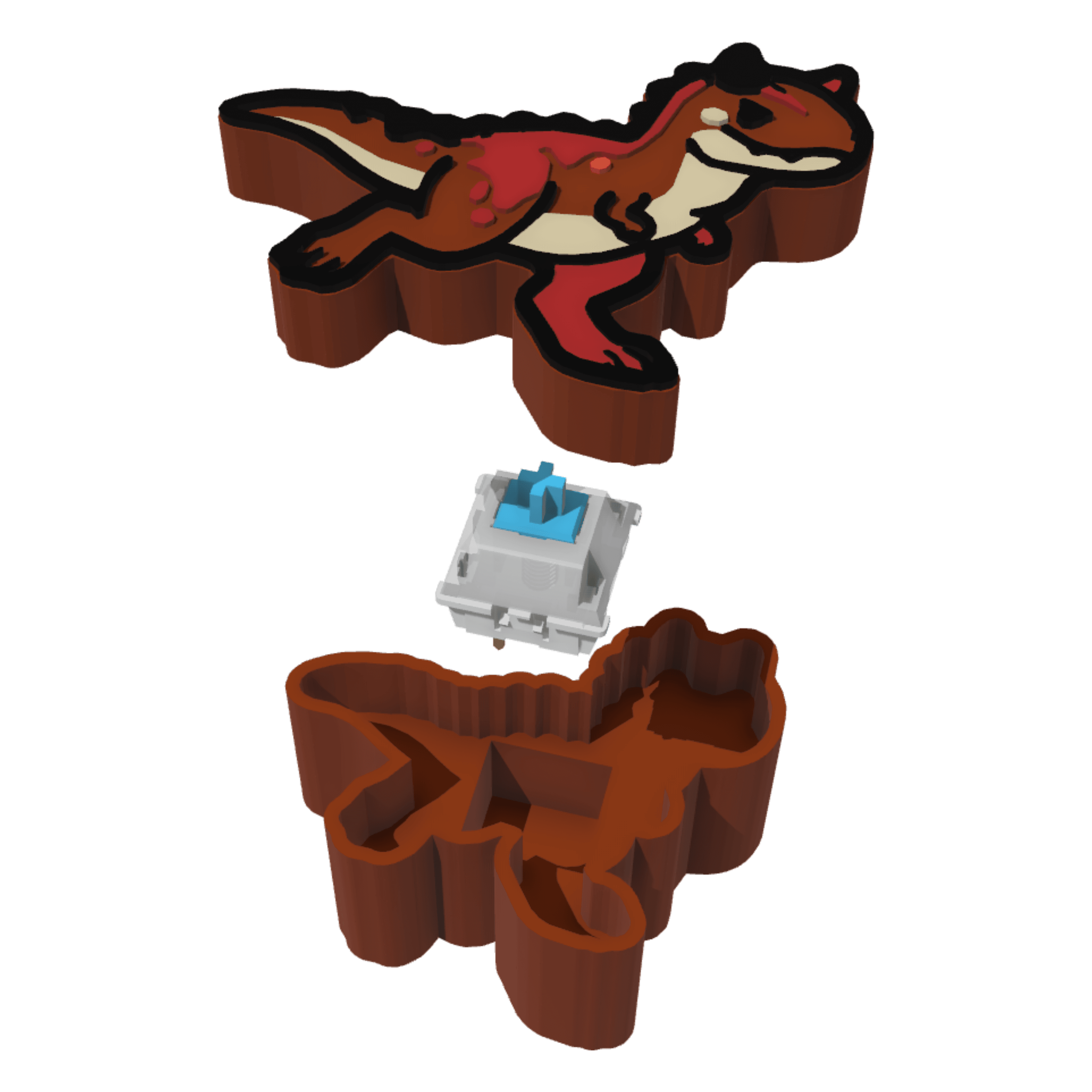 3D-printed dino fidget toy. Exploded view of the multi-colour top, Cherry MX button, and housing tray
